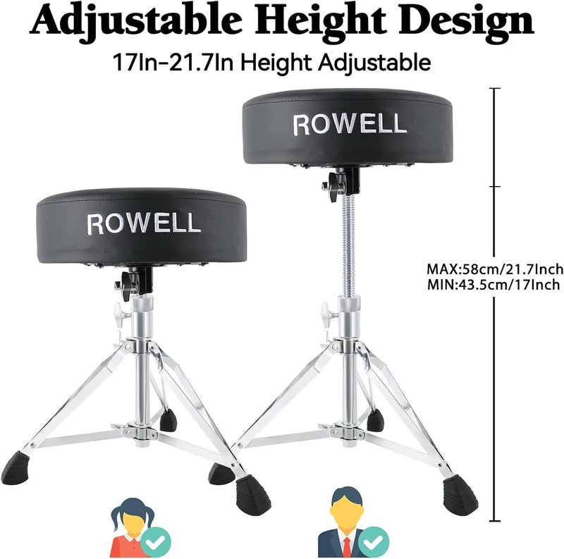 ROWell Drum Throne Adjustable Drum Stool Lightweight Drum Seat Soft Drum Stools for Kids Widen Thick-Padded Electric Drum Kit Thrones Max Weight 330Lb Drum Set Stool for Adults Women Drummers(Blcak) - Image 5